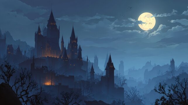 Mystical castle illuminated by moonlight amid dark clouds and tall trees at night