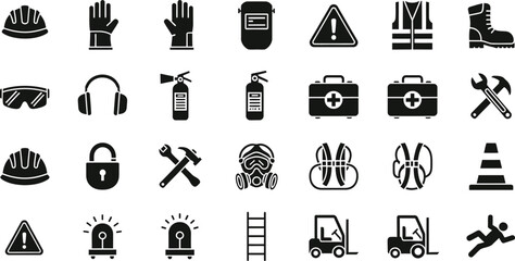 Collection of black safety and construction icons representing personal protective equipment and hazard symbols isolated on transparent background