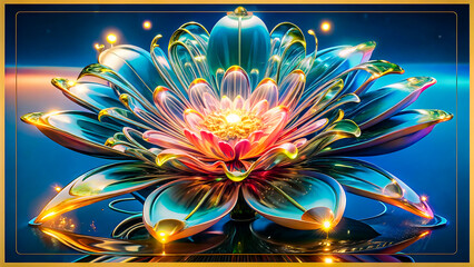 Vibrant glowing iridescent lotus flower with intricate petals illuminated by bright colorful lights and bokeh effects