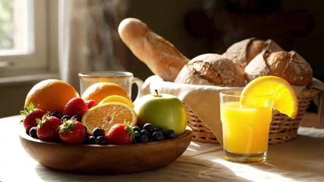 A vibrant healthy breakfast spread featuring fresh fruit, orange juice, and assorted bread on a sunlit table