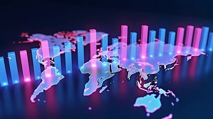 Global economic data visualization with a world map overlaid with glowing pink and blue bar charts - Powered by Adobe