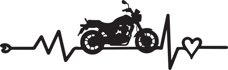 Obraz premium Black motorcycle silhouette on a heartbeat line with heart