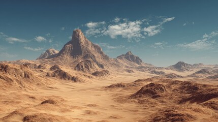 Vast desert landscape with towering mountain under clear blue sky during daylight hours