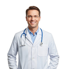 Smiling caucasian male physician wearing white lab coat and stethoscope isolated on transparent background