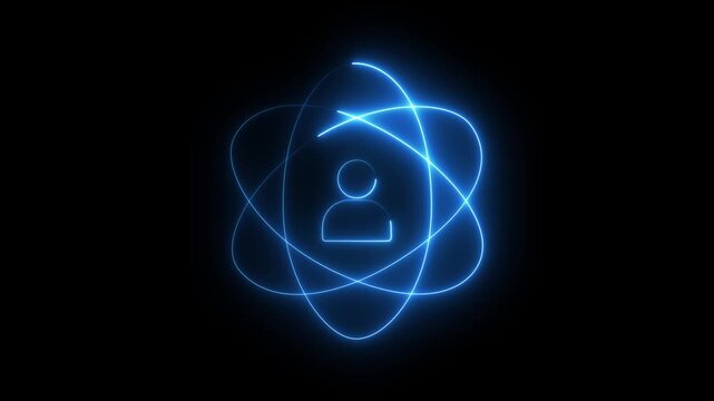 Glowing neon line user centered icon animation on black background.