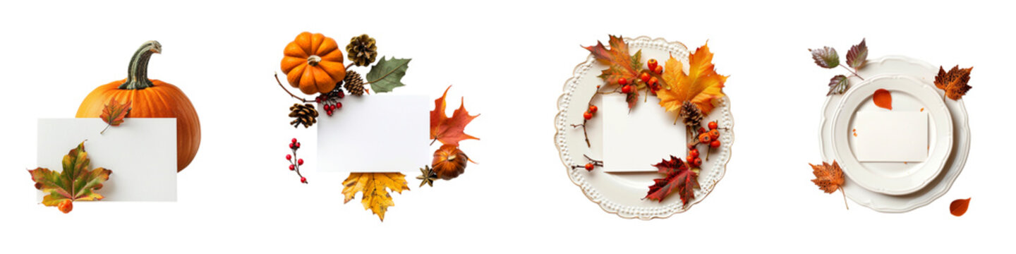 Autumn themed place setting mockups with pumpkins leaves for thanksgiving design