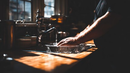 Man Washing Hands in Kitchen Sink with Natural Light in Cozy Modern Home