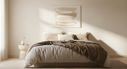 Serene bedroom interior with soft natural light illuminating a comfortable unmade bed with warm blankets and pillows