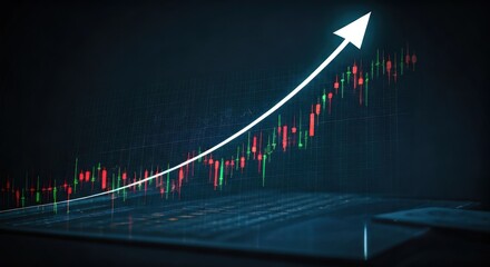 Stock chart with ascending white arrow overlaid on green/red candlesticks