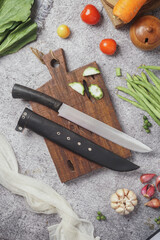 photo of a kitchen knife specifically for cutting vegetables and fruit, mirror and satin knife material