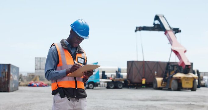 Man, logistics and clipboard at port, shipping or thinking with admin for supply chain management. African person, checklist and writing for distribution report, cargo or freight at harbor in Nigeria