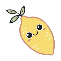 Cute lemon illustration with smiling face and green leaves on white background. Adorable cartoon fruit vector perfect for kids, stickers, or prints. Fun cheerful citrus character art.
