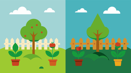 A before and after image of a neglected garden transformed through therapeutic gardening showcasing the revitalizing effects on both the garden and the individual.. Vector illustration