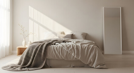 Serene bedroom scene with natural light streaming through a window illuminating soft bedding