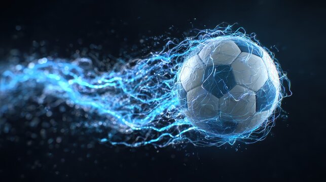 Soccer ball in motion surrounded by electric blue energy effects showcasing dynamic action - Powered by Adobe