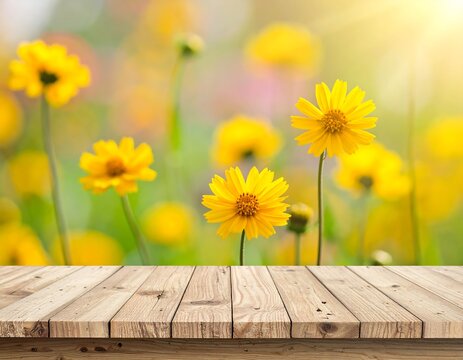 Bright yellow flowers in bloom, with a wooden table in the foreground - Powered by Adobe