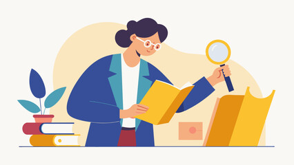 An archivist uses a magnifying glass to examine a delicate yellowed mcript making notes in a worn journal.. Vector illustration