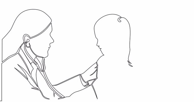 Self drawing line animation Female doctor listens to sick little girl continuous one single line drawn concept video