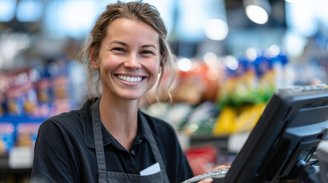 Female cashier in black apron operating barcode scanner, bright packaging of snacks and beverages behind, clean organized supermarket environment with natural light reflections