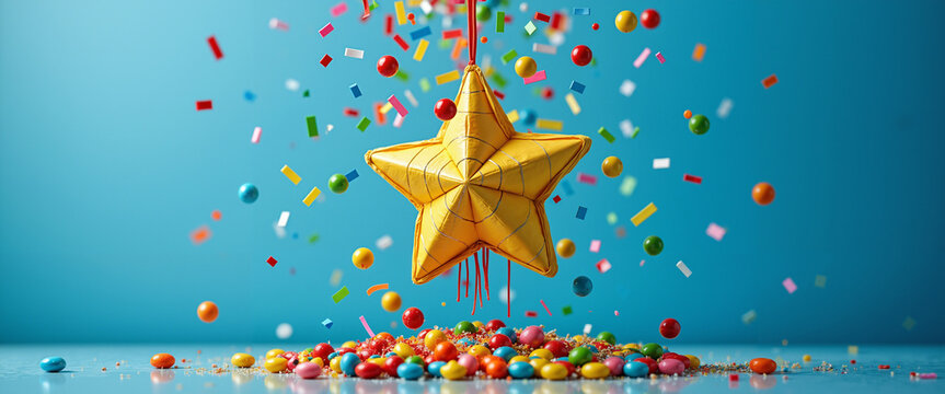 Star-shaped pi&ntilde;ata bursting with colorful candies at a party  