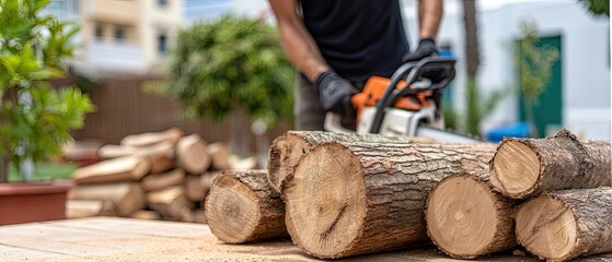 Man using a chainsaw to cut logs in a sunny outdoor setting near a garden surrounded by trees during daylight hours