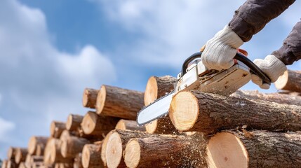 Chainsaw operator cuts logs in lumber yard under bright blue sky in afternoon, showcasing timber industry work and woodworking skills