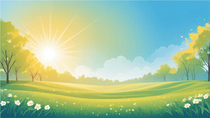 Sunny summer landscape with green fields and blue sky