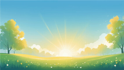 Fototapeta premium Sunny summer landscape with green fields and blue sky