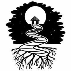 Minimilist illustration of a house on a hill with a winding path rooted in tree branches under a full moon night sky vector
