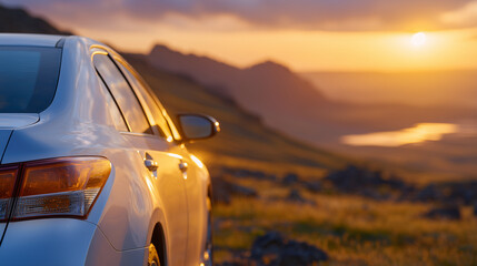 Travelerâs car with trunk open, bathed in soft golden sunlight of evening, endless barren land behind it, subtle reflections dancing on the clean rear glass
