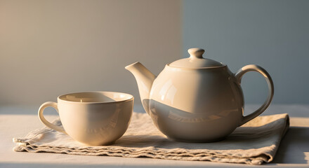 Warm morning tea time still life with teapot and cup soft light and natural textures
