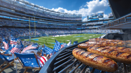 Steaming hot dogs and burger patties on a barbecue grill, surrounded by coolers, lawn chairs, and joyful fans waving team flags, stadium atmosphere buzzing with anticipation