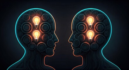Two silhouette heads face each other, gears and glowing lightbulbs inside, dark background