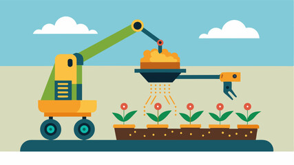 A mechanical arm equipped with a seed planter delicately placing seeds into the soil ensuring precise depth and spacing.. Vector illustration