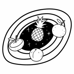 Minimilist a black and white illustration of a pineapple, oranges, and a cut fruit on a cosmic plate design vector