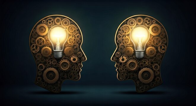 Two silhouettes of heads with gears inside, lightbulbs illuminating, facing each other