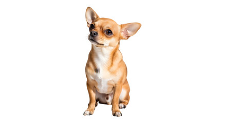 A small tan chihuahua sitting upright with a curious expression against a black background image on transparent background