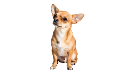 A small tan chihuahua sitting upright with a curious expression against a black background image on transparent background
