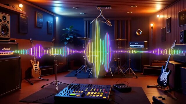 A Vibrant Soundwave Visualizing the Energy of Music in a Professional Recording Studio Filled with Instruments and Equipment