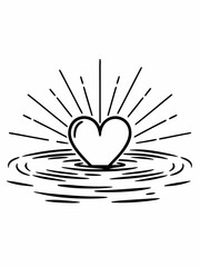 Minimilist heart shape with radiating lines above concentric water ripples in a simple black and white drawing style vector