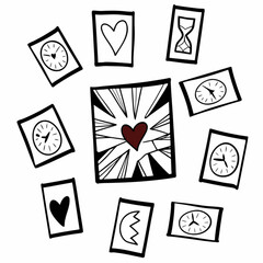 Minimilist hand drawn cards with heart, clock, hourglass and abstract shapes arranged on a white background view vector