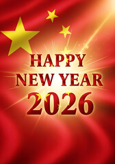 Happy new year 2026 with chinese flag background and golden stars