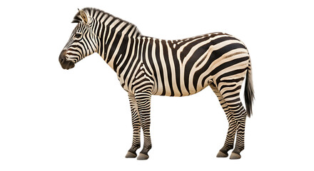 Fototapeta premium Full body shot of a zebra standing sideways against a black background in a studio setting on transparent background