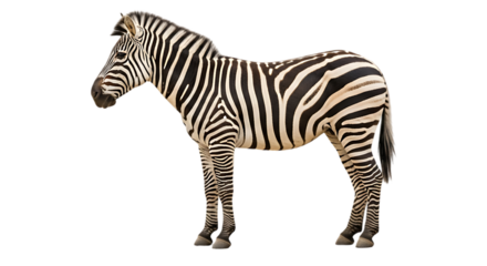 Full body shot of a zebra standing sideways against a black background in a studio setting on transparent background