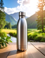 Polished, silver water bottle on wooden surface, nature background