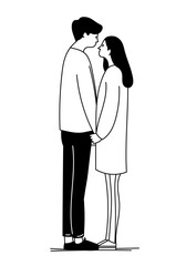 Minimal black and white drawing of a couple holding hands and facing each other affectionately.