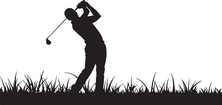 Black silhouette of a golfer swinging a club in grass