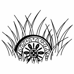 Minimilist detailed black and white mandala design partially hidden behind tall blades of grass in a field scene vector