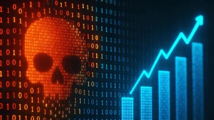 A digital representation of a skull with binary code and a rising graph, symbolizing threats in technology and cyber analytics. - Powered by Adobe