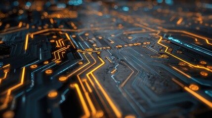 Circuit board design with glowing lines and patterns showcasing technology at its finest in a dark, modern setting